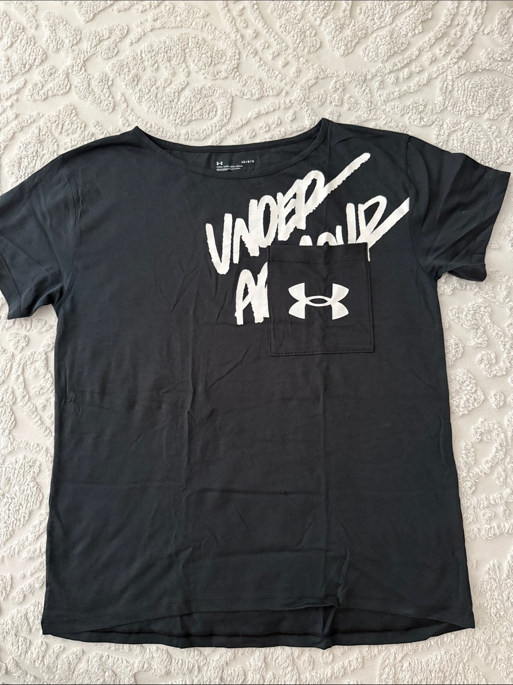 Under Armour Black Short-Sleeve Tee with White Script and Pocket Logo